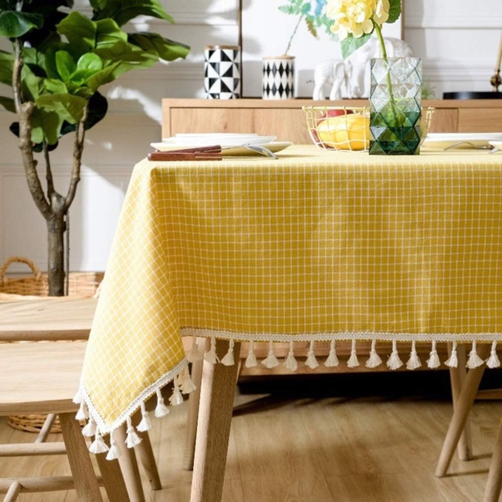 Yellow Grid-Pattern Tablecloth with Fringe